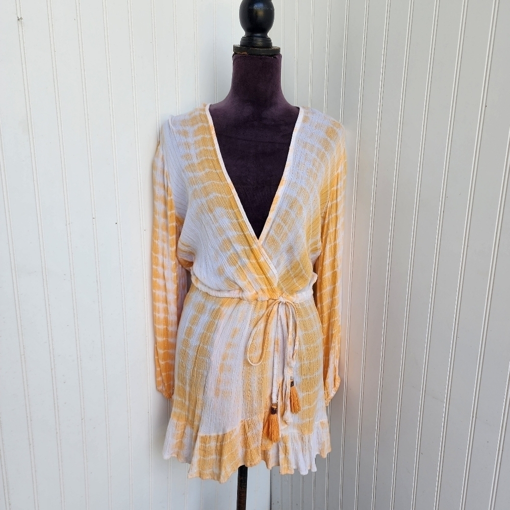 BLUE ISLAND Coverup Womens Stripe Ruffle Wrap Sundress Tassels Beach Orange Sz S